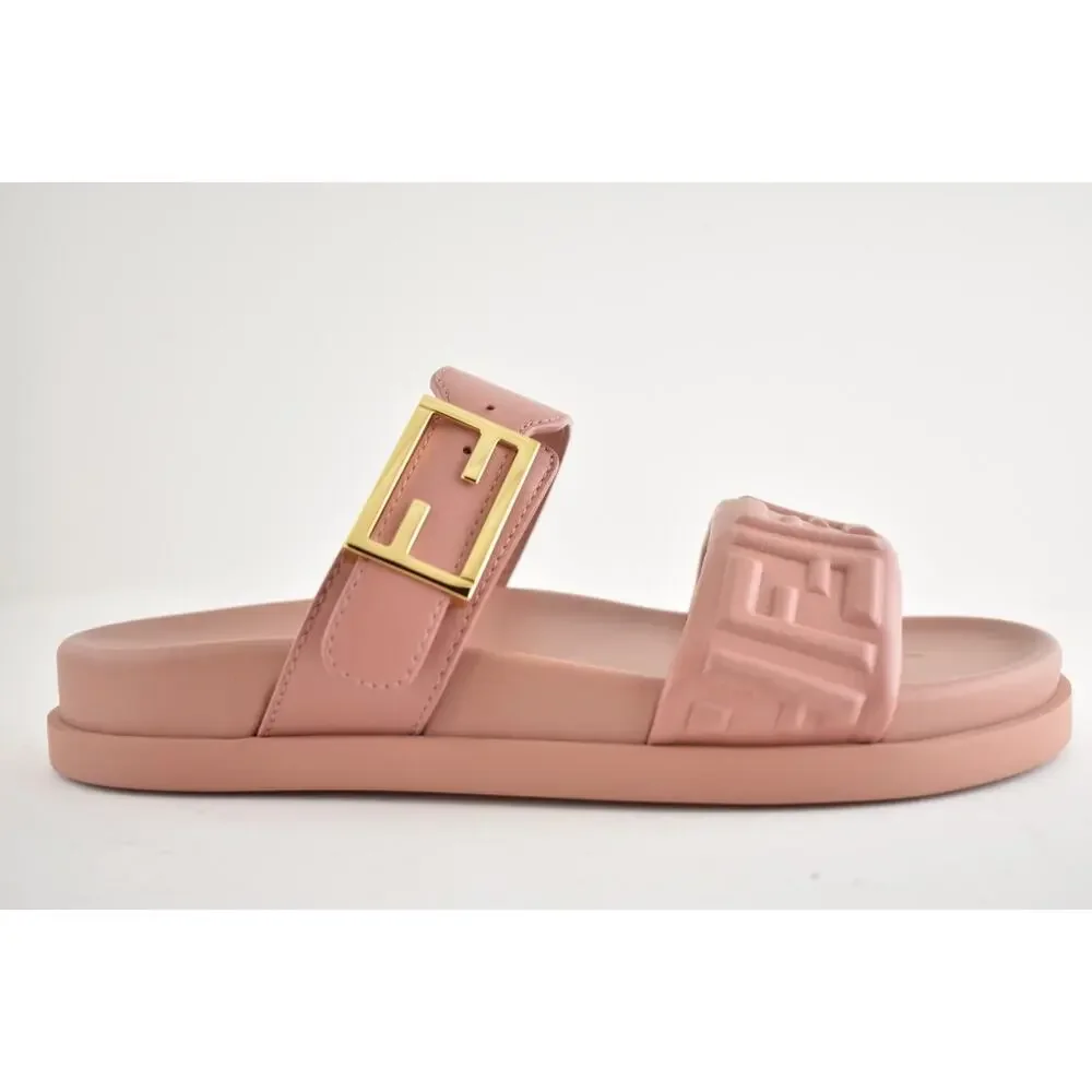 Fendi Feel Slide Pink Brick Leather FF Baguette Logo Gold Mule Flat Sandal 37